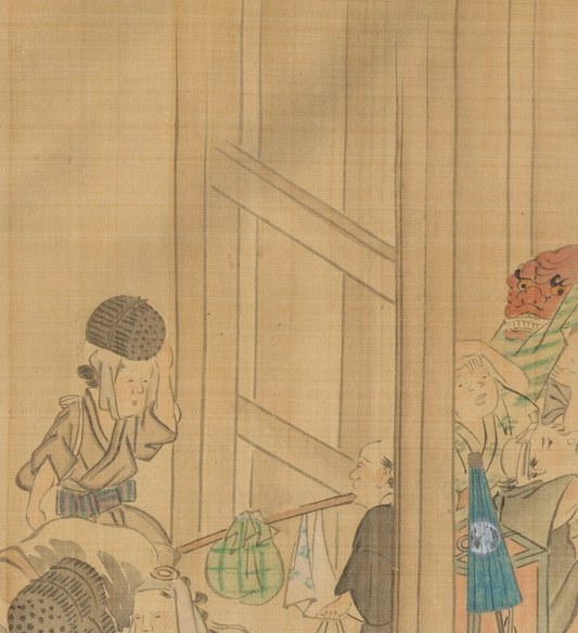 On the left, everyone presses under one big umbrella.