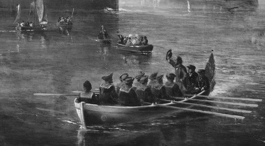 Look at the small figures in the rowboat, dwarfed by its scale.