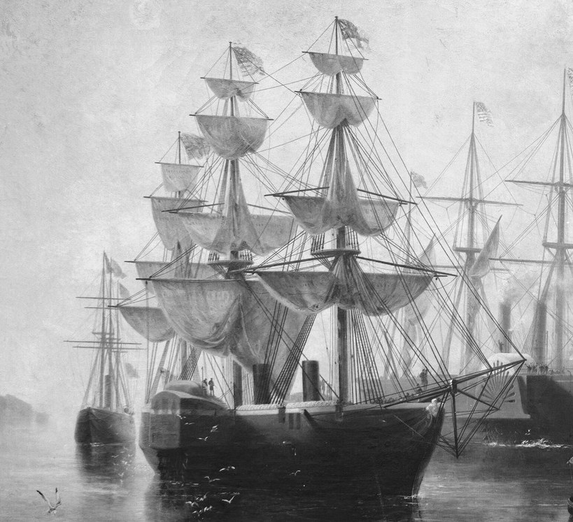 These older vessels contrast with the steamship, highlighting the transition in naval technology.