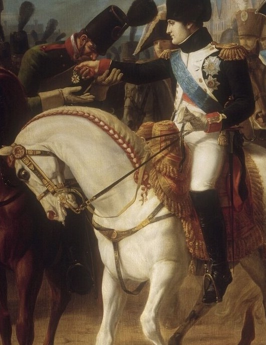 Napoleon, the French emperor, presents a medal to a Russian officer.