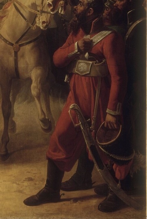 This figure on the right, with his elaborate uniform and hat, adds a vibrant splash of color and suggests the presence of other dignitaries.