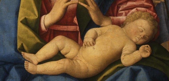 Flanked by saints, the Virgin Mary cradles the sleeping Christ Child.