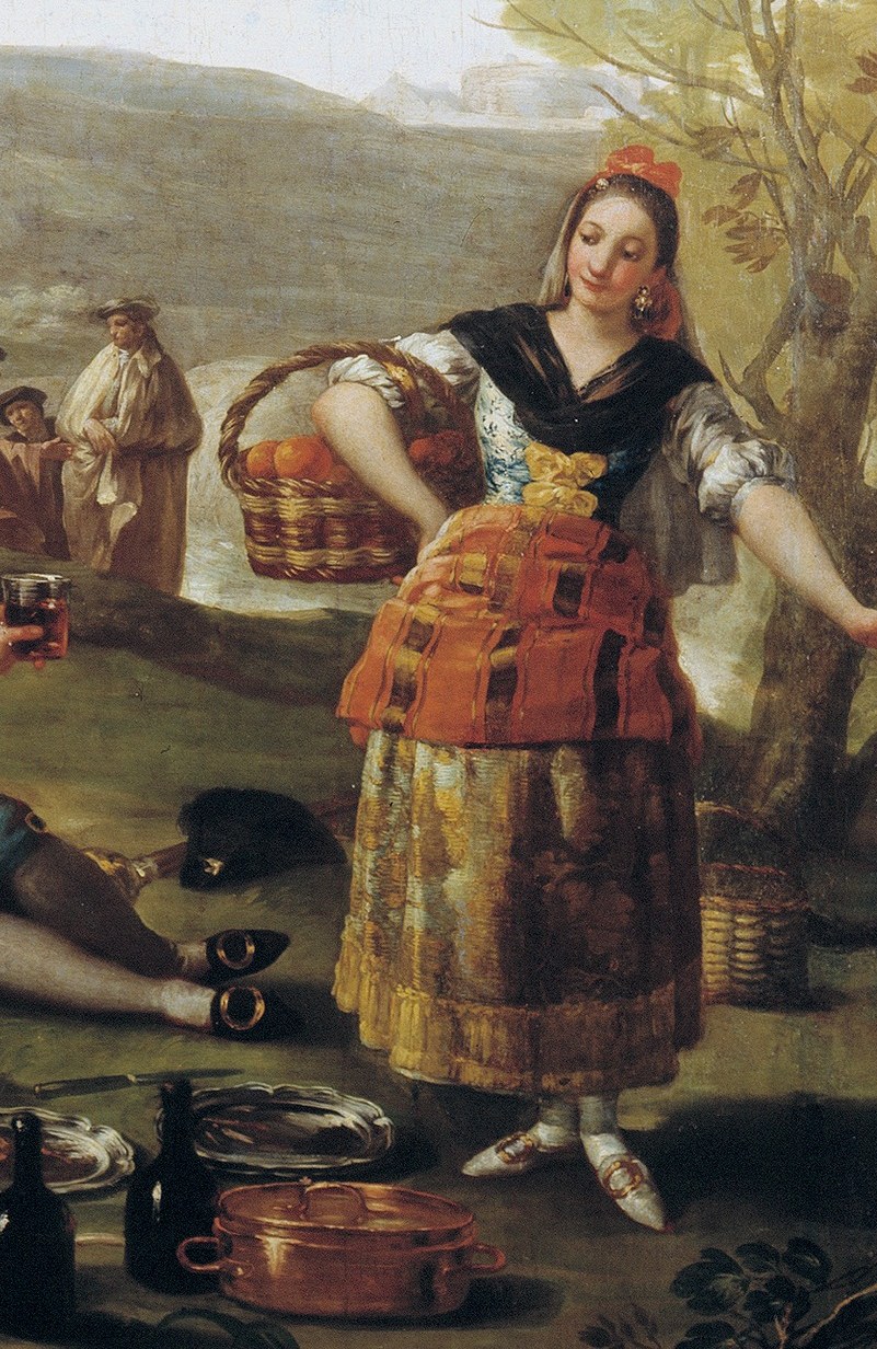 Look at the woman with the fruit basket.