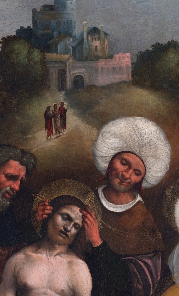 Her partially averted gaze and clasped posture suggest interior grief rather than display; the white veil frames the face with striking clarity against darker tones.