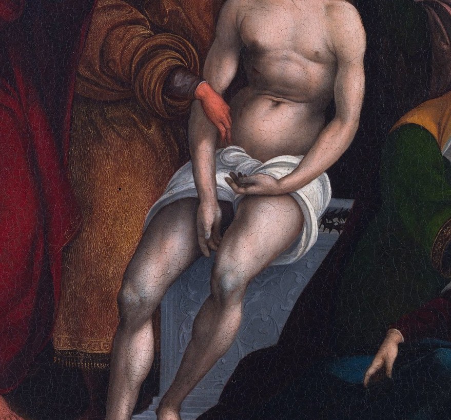 The luminous, almost marble-white body glows against the saturated robes of the mourners, demonstrating Mazzolino's chiaroscuro control over flesh tones.