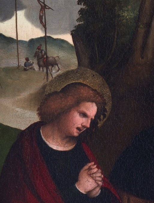The intense scarlet robe draws the eye immediately; the mourner's expression is raw and individualised , not a generic lament but a specific face of loss.