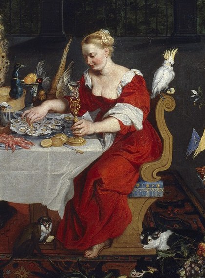 Her opulent dress and gesture suggest a focus on taste and indulgence, a central theme of the painting.
