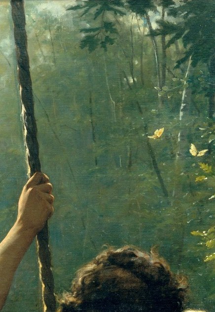 His proximity to her face defines the painting's central tension , tenderness on the verge of a kiss, readable even from a distance