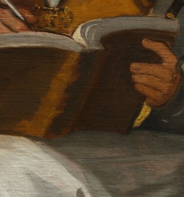 The open book confirms his role as a theologian and teacher.