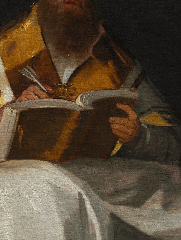The rich, golden fabric and flowing white drapery suggest his status and the solemnity of his office.