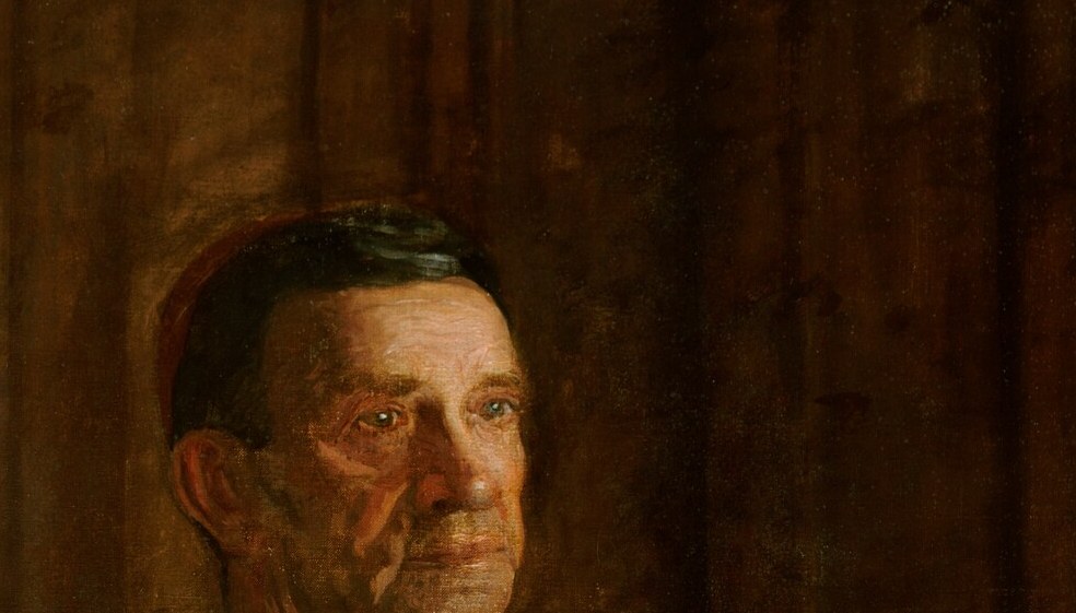 Eakins rarely softened his sitters' gaze; the unflinching directness signals authority and the painter's deliberate refusal to flatter a powerful patron