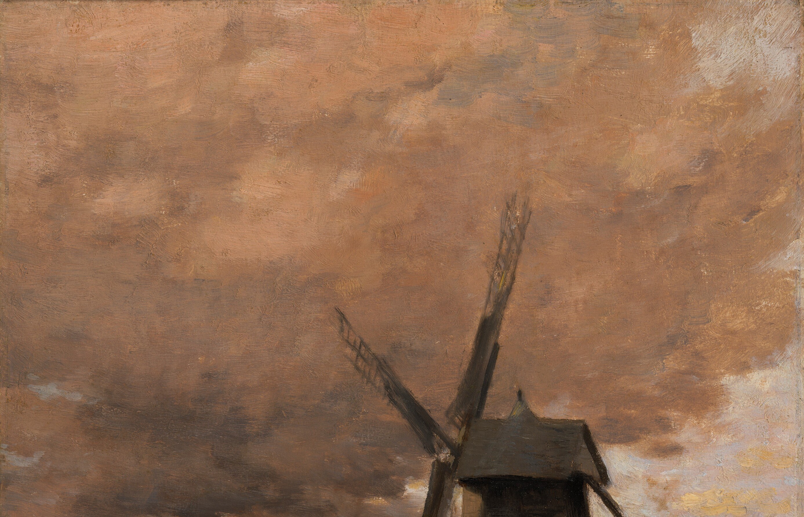 Notice the intense, cloudy sky over the landscape.
