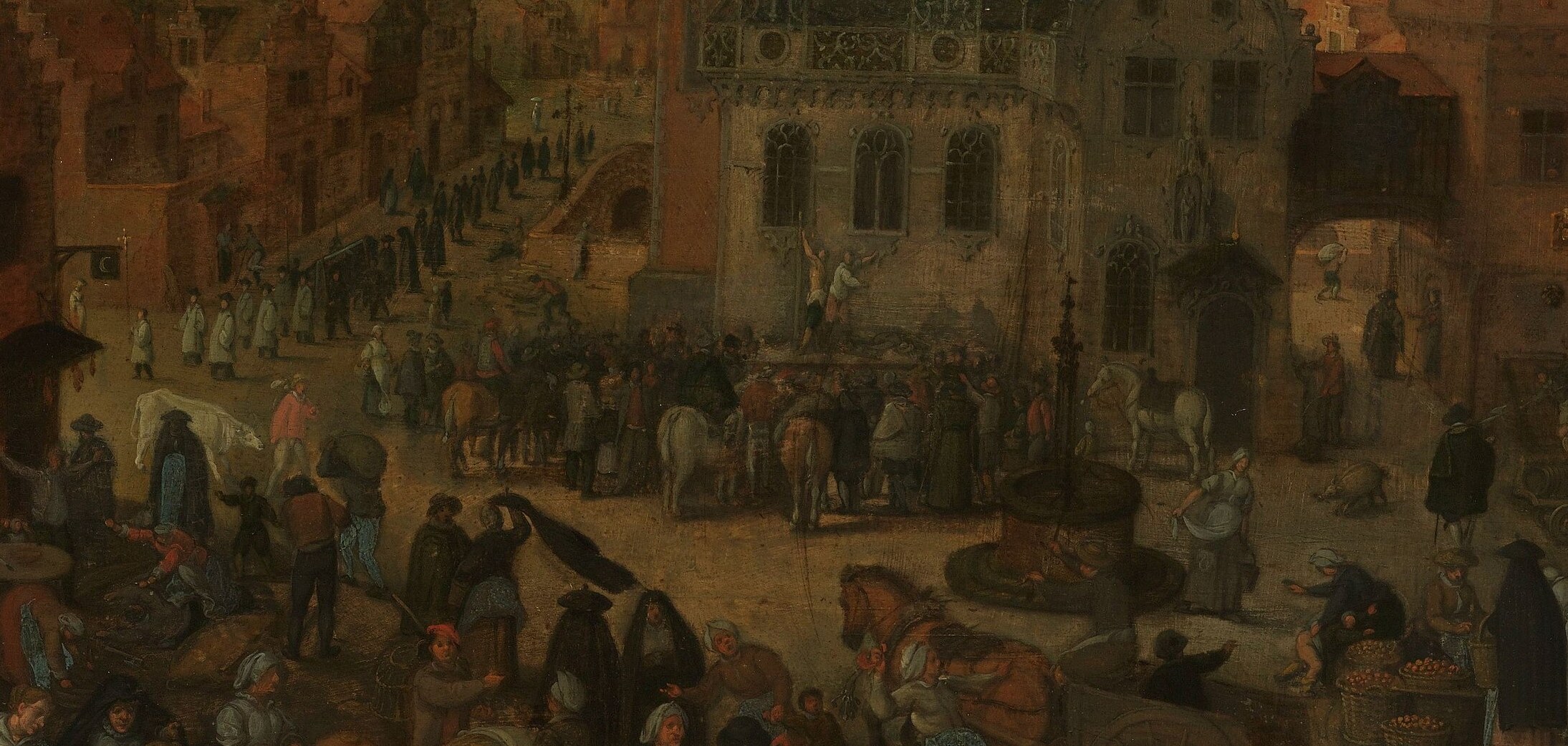 Vrancx is coding a vanitas: the busy square pretends death is out of frame.
