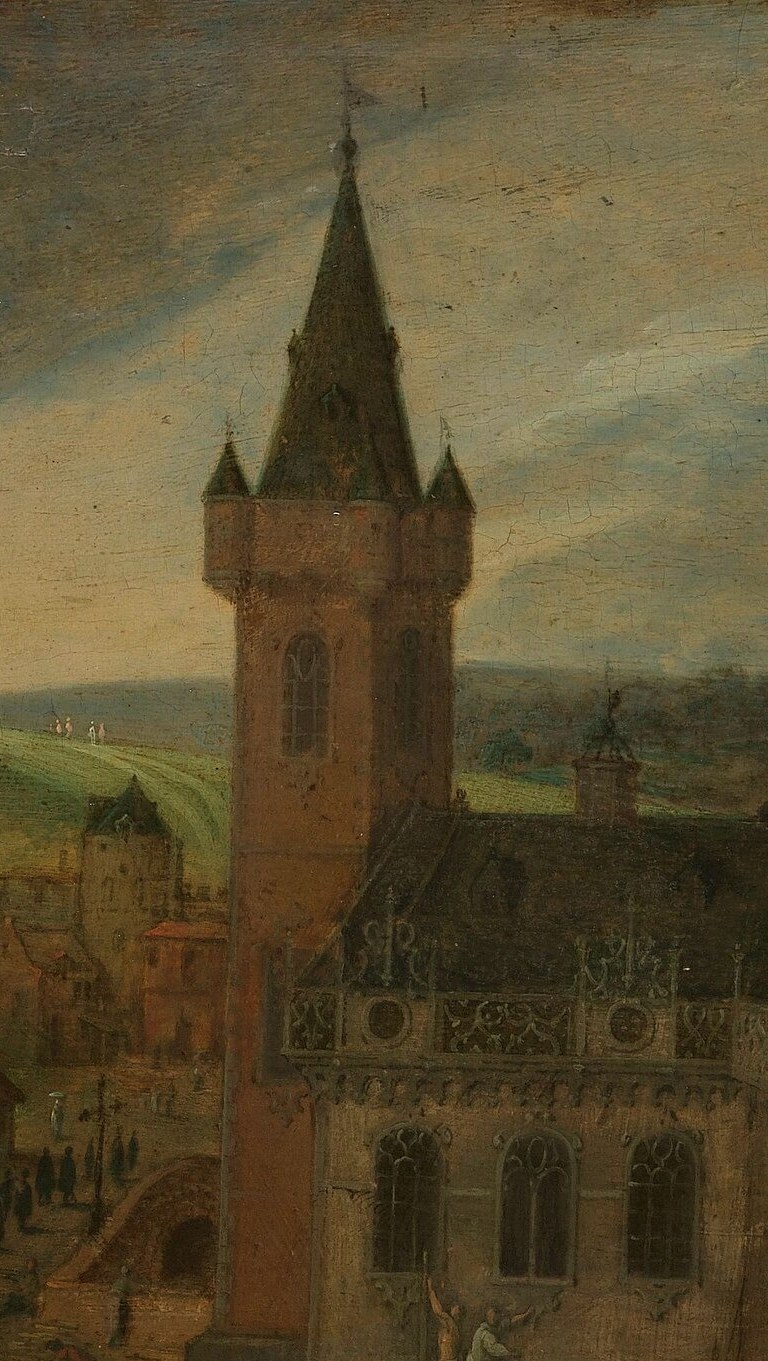 The vertical anchor of the entire composition; its dark silhouette against the sky gives the scene a civic identity and draws the eye down into the crowded square below.
