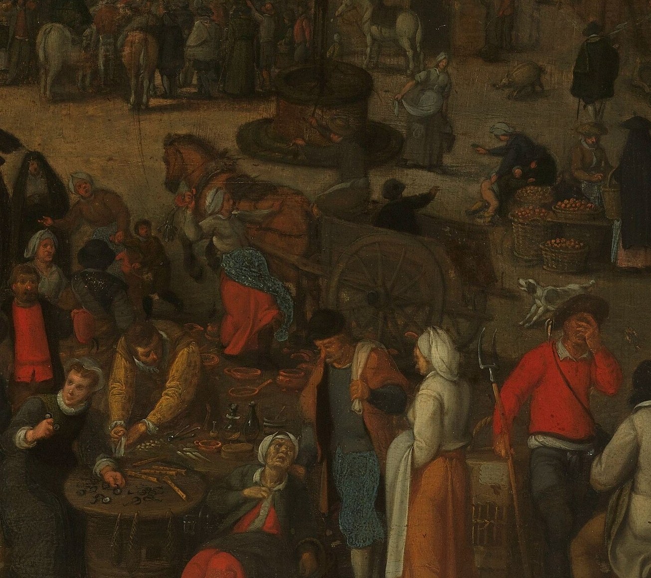 These pale dresses might be mourners. Or they might be wives buying goods.