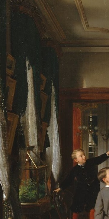 The instigator of the contest , his upstretched arm and triumphant posture drive the entire narrative, and the bouquet at the apex draws the eye immediately.