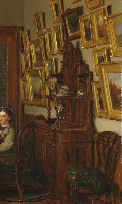 The calm anchor of the scene; her composed gaze and maternal embrace contrast sharply with the children's chaos, giving the painting its emotional center.