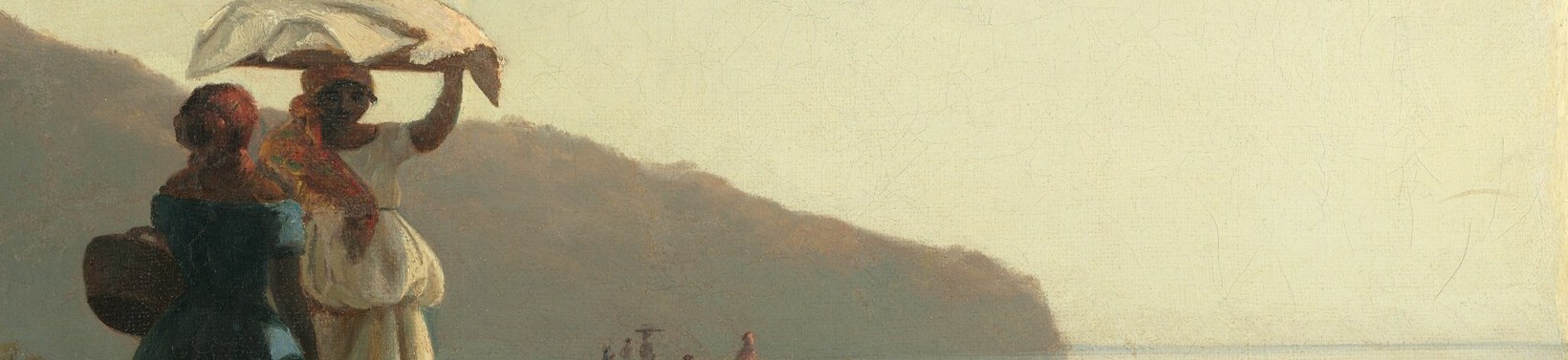 The sea is painted with minimal surface incident , its stillness amplifies the sense of tropical midday heat and isolates the women as the only active presences in the composition.