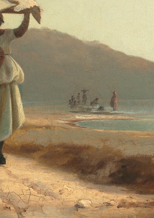The blue garment is the painting's sole saturated color accent; her turned body and the empty basket suggest she is on her way to market, creating a narrative complement to her companion.