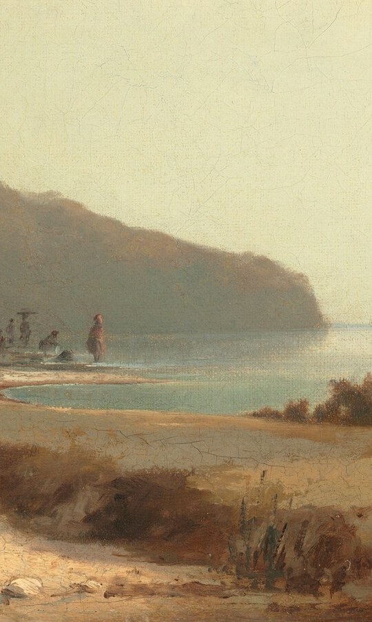 Her erect posture and balanced load define the painting's vertical anchor; the basket casts shade over both figures and signals her labor identity as a washerwoman or market woman.