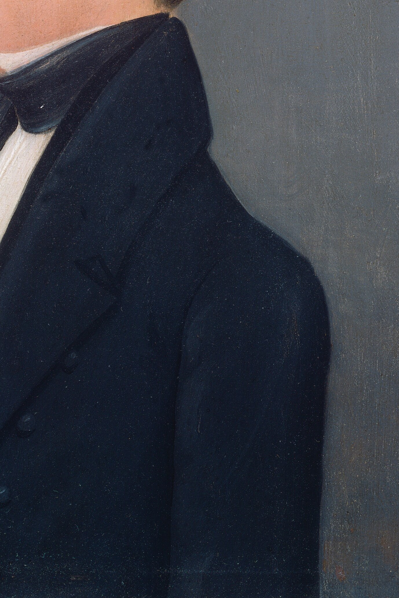 The dark, formal coat implies a man of substance and seriousness, with subtle button details.