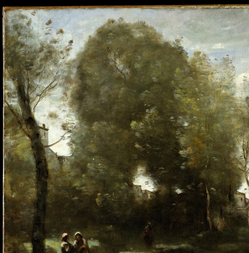 Corot's signature feathered olive-green tree mass creates a dramatic tonal counterweight to the luminous water; the cloud-like edges are where his loosest, most atmospheric brushwork lives.