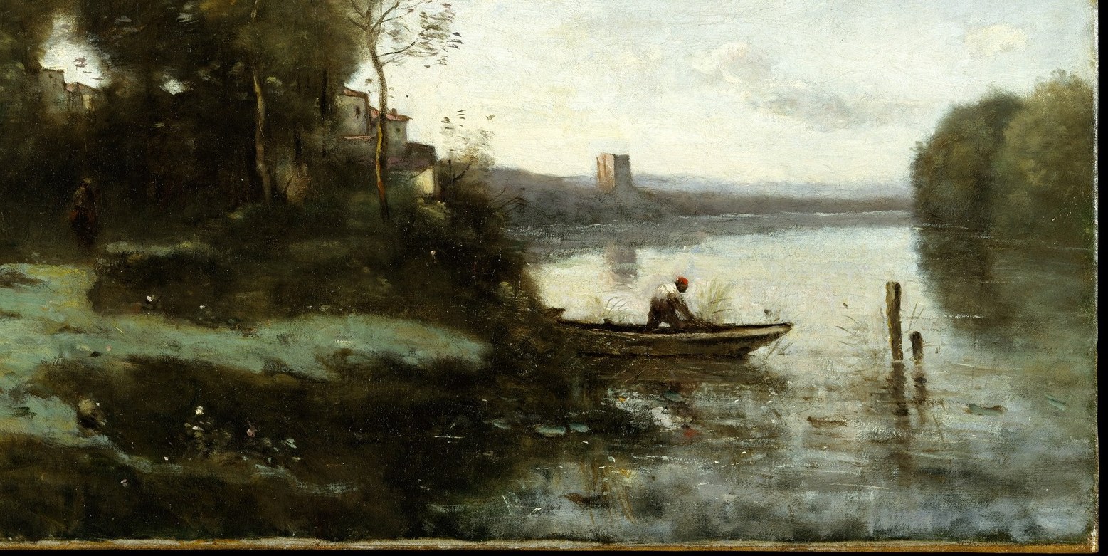 Corot's water is a tonal mirror of the sky: horizontal strokes of grey and silver suggest perfect stillness without literal reflection detail , the central demonstration of his atmospheric system.