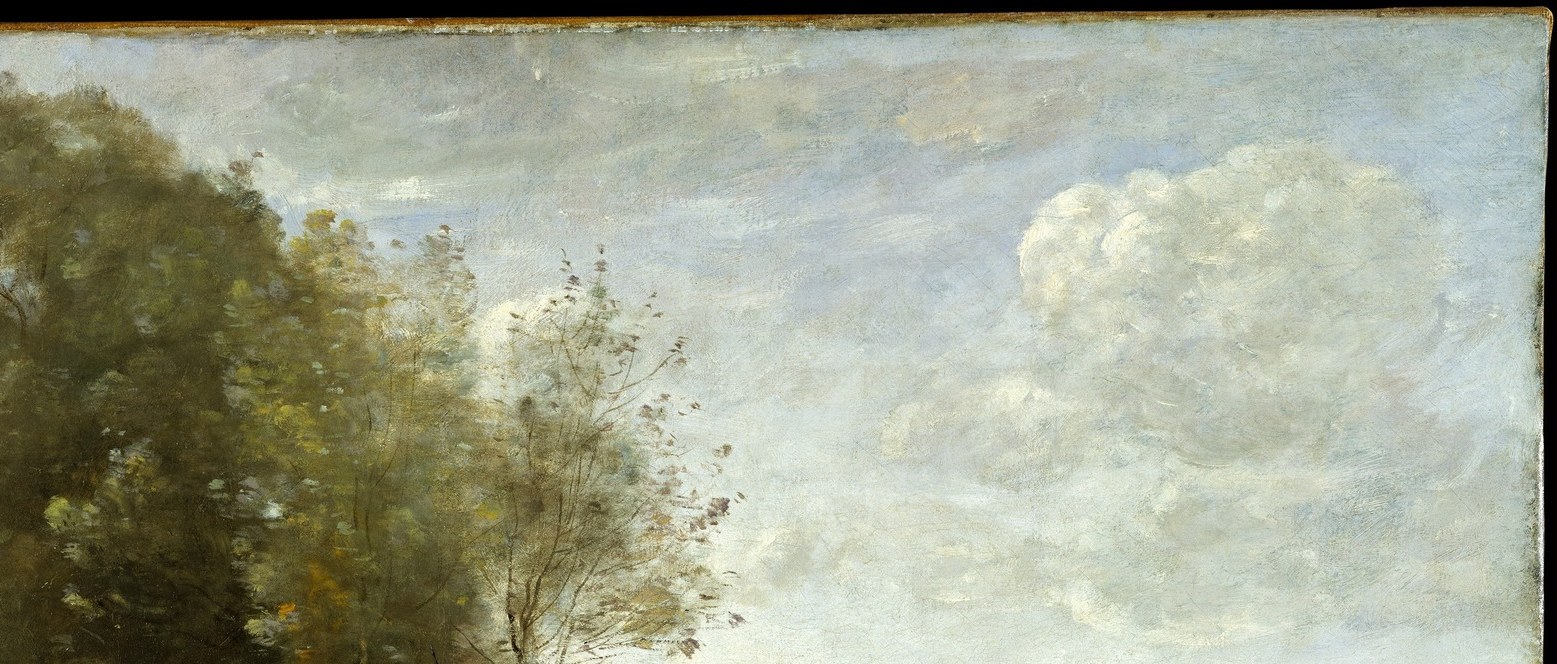 The sky sets the painting's emotional key; Corot blurs the horizon so sky and water breathe the same light, eliminating the hard transition most landscapes rely on.