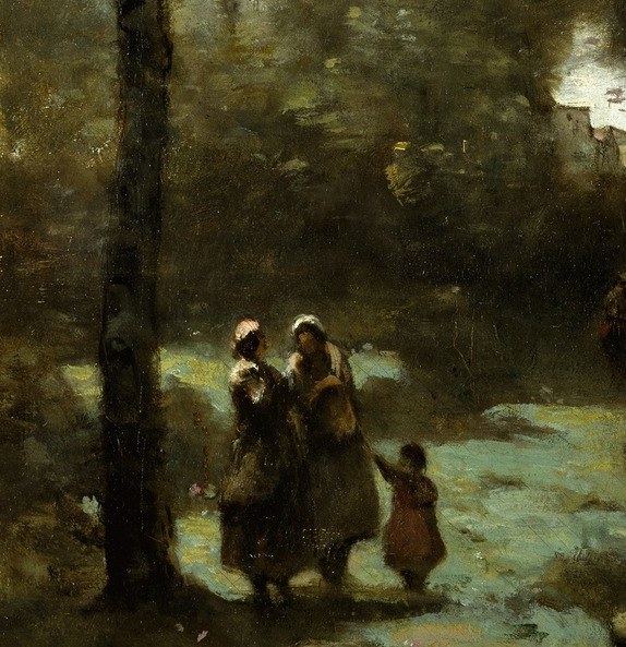 Two dark-clothed figures , likely local women , stand close together on the bank; their proximity implies conversation or waiting, and they supply the scene's only human warmth.