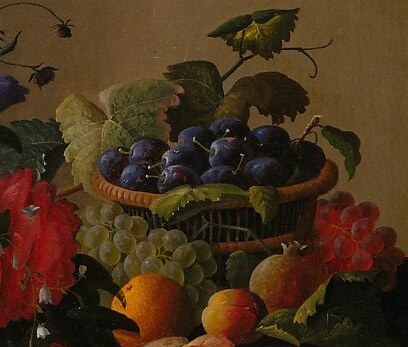 Near-translucent grape skins with a whitish bloom atop each berry are a canonical trompe-l'oeil test , a close-up reveals each sphere carries a tiny specular highlight implying depth