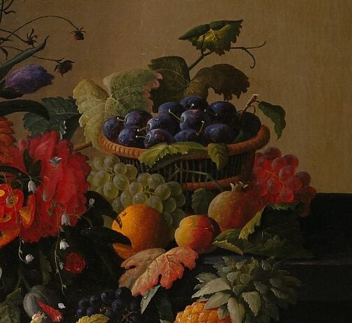 The fruit-laden vessel counterbalances the floral mass on the left; the variety of surface textures , smooth skin, waxy bloom, fibrous rind , shows Roesen's full technical range in one passage