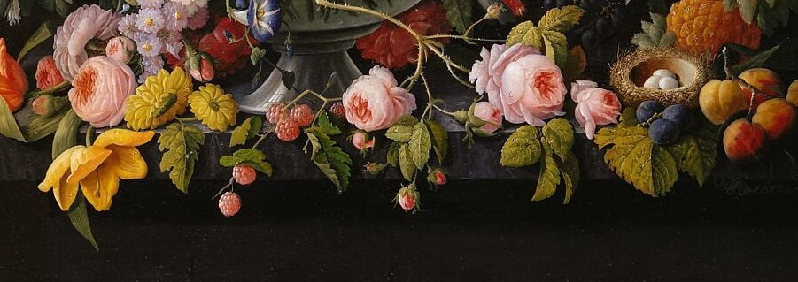 Fruit spilling off the edge creates spatial recession and implies luxurious excess , a Flemish convention Roesen transplanted to serve American patrons hungry for iconography of abundance