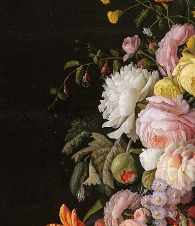Warm pinks in dialogue with the cool whites demonstrate Roesen's coloristic range and his ability to differentiate rose varieties by hue and form alone