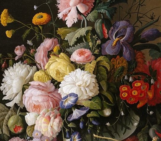 The compositional anchor of the whole work , Roesen's porcelain-painter precision shows in individually veined petals and layered shadow; a close-up reveals the technique that made his reputation