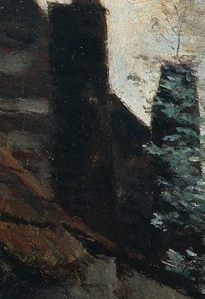 Its verticality breaks the horizontal lines of the landscape and hints at domesticity, perhaps smoke rising from a fire.