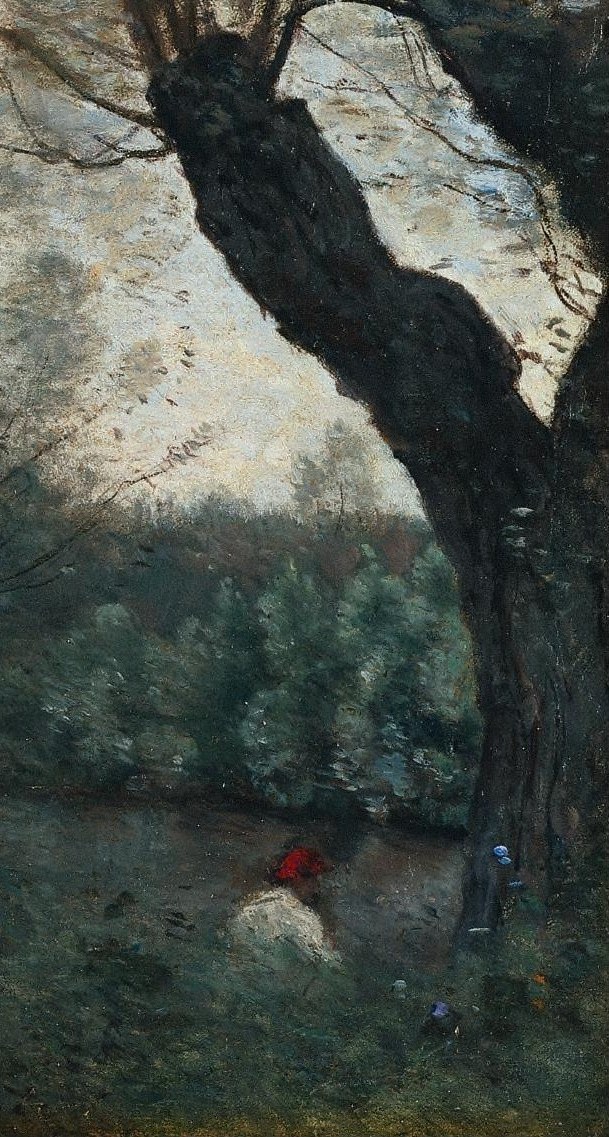 The thick, textured bark and sweeping branches convey age and resilience, dominating the right side of the composition.