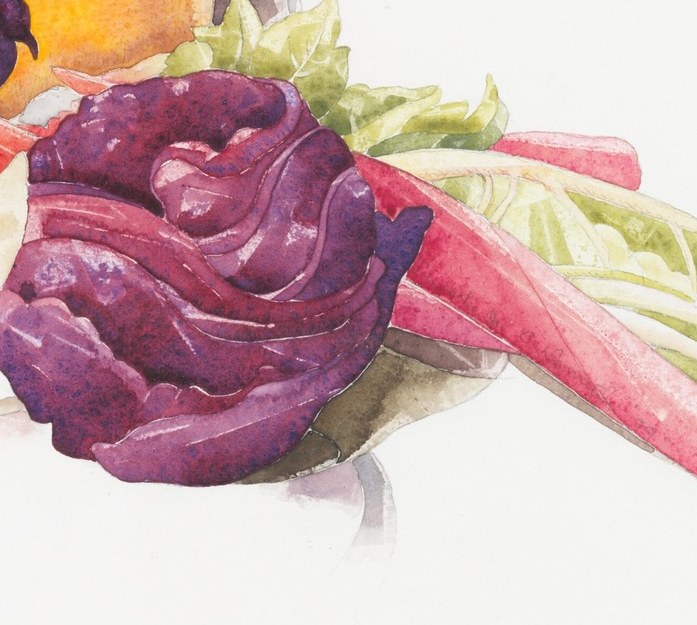 Secondary cabbage echoes the left but is smaller and sits lower, creating a diagonal rhythm and showing the same leaf layering at reduced scale.