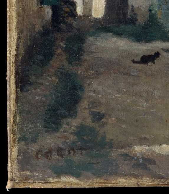 The shadow anchors the composition and marks the time of day , mid-morning with the sun already well above the roofline to the right; it is Corot recording light as faithfully as a photograph.