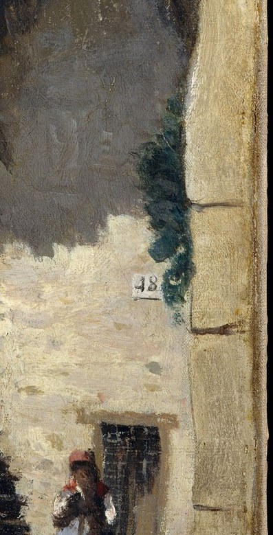 A strong diagonal that leads the eye upward; the weathered timber and wrought-iron railing are virtuoso texture passages typical of Corot's plein-air studies.