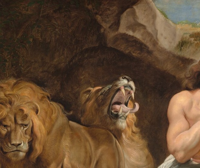 The emotional core of the painting , his skyward gaze and pressed palms convey total surrender to divine faith while surrounded by mortal danger, the pivot point the entire composition radiates from.