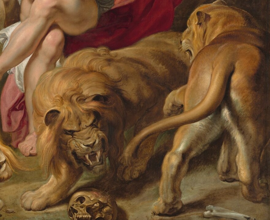Direct eye contact with the viewer pulls us into the den; this lion is the most confrontational in the composition and tests the audience's own composure.