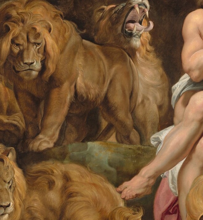 The only strong color accent in an otherwise tawny palette; the red signals sacrifice and martyrdom , a Counter-Reformation visual cue that Daniel is a proto-Christian witness.