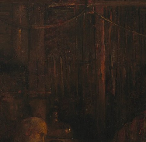 This is Rembrandt's signature tenebrism at work: one modest flame illuminates gods and mortals alike, making humble domestic light the vehicle of revelation , a theological statement compressed into a painterly technique.