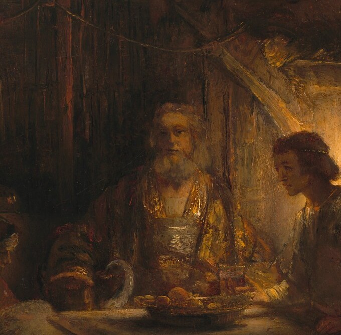 The rich, loosely painted fabric signals divine status within a beggar's disguise , Rembrandt's loaded impasto on the drapery folds is a virtuoso texture passage worth isolating for its sheer painterly bravura.