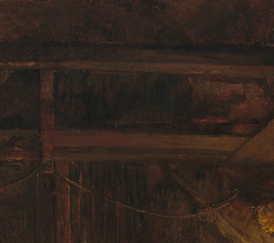 The central divine figure bathed in warm candlelight; his direct outward gaze echoes the commanding presence Rembrandt modeled on Leonardo's Christ in the Last Supper, making the viewer feel caught in the moment of revelation.