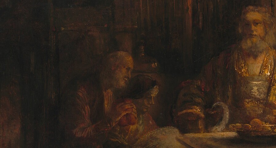 The miraculously refilling wine bowl is the narrative trigger , the moment Baucis noticed it never emptied is what set this scene in motion; the vessels on the table are therefore the pivot of the entire story.
