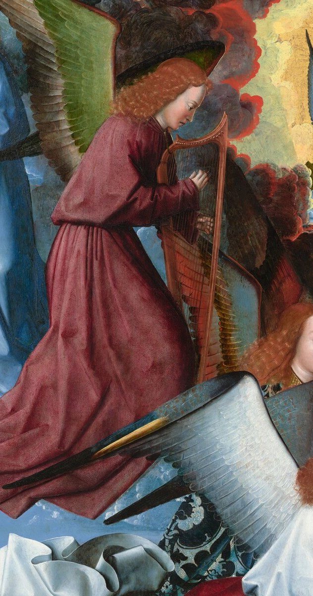 Angels play harps and lutes in her honor.