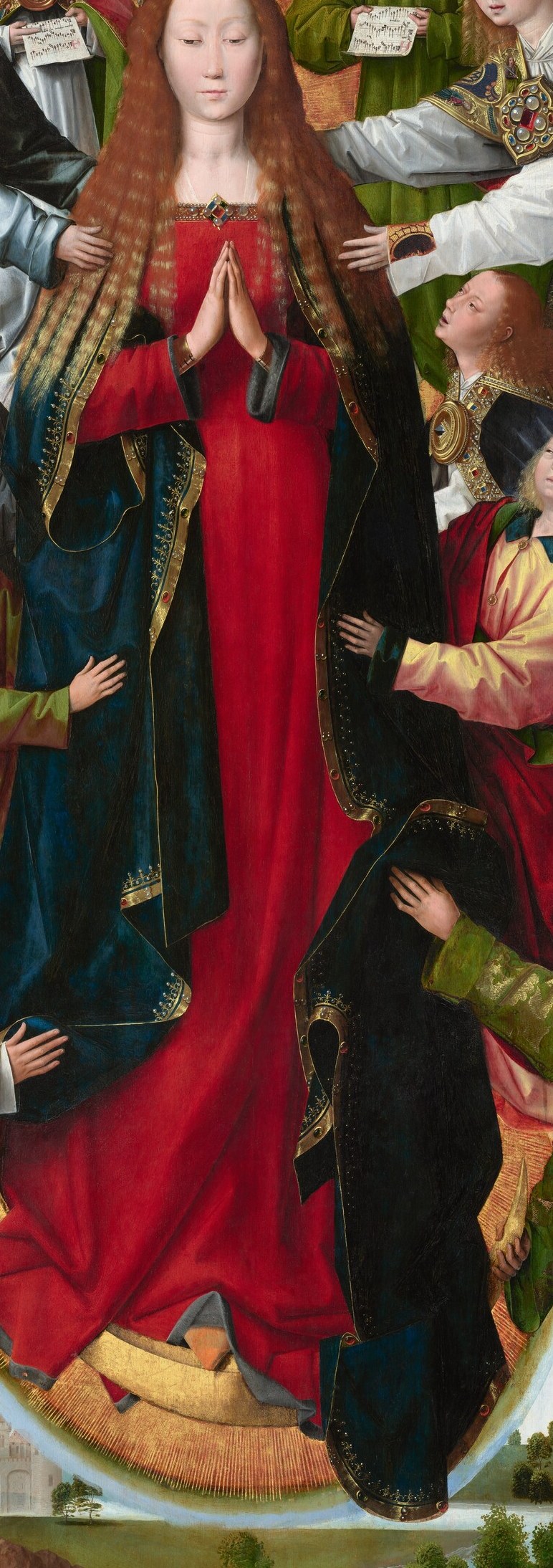The rich color symbolizes royalty, martyrdom, and divine love, emphasizing her status.