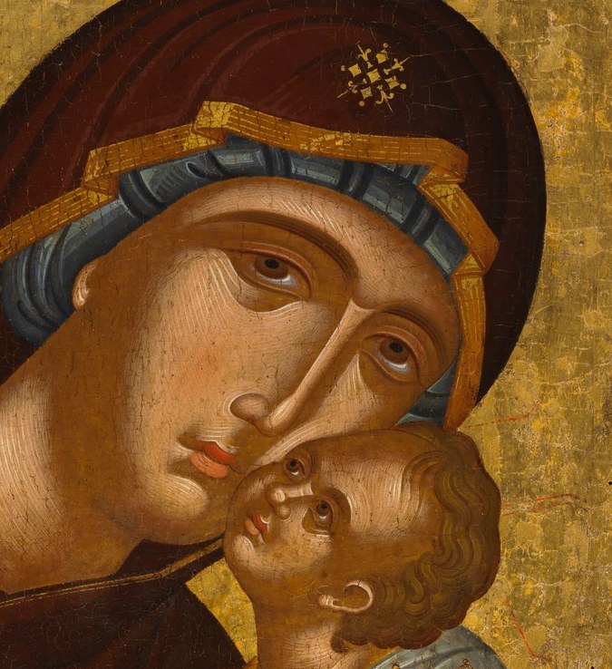 The cheek-to-cheek touch is the defining gesture of the Eleousa; the infant's gaze is alert and direct, a fully divine knowing stare in a baby's body