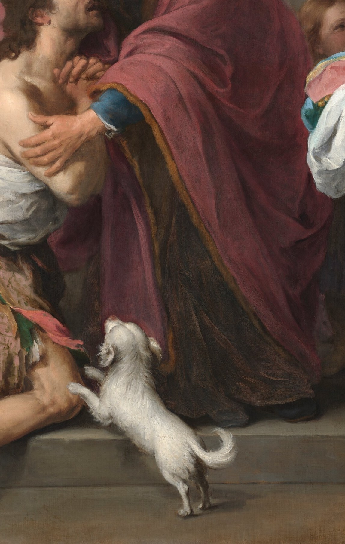 His posture and tattered clothing show his destitution and repentance.